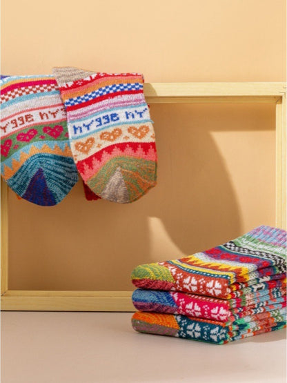 Rufia - Retro Color-Block Thick Warm Winter Socks - 5 Pairs/Pack