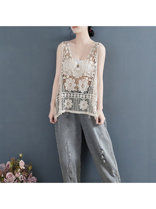 Crosa - Elegant Lace Hollow Out Sleeveless Vest