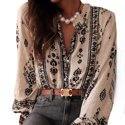 Crosa Boho Elegant Floral Long Sleeves Blouse Sweater with floral motif and edge trim