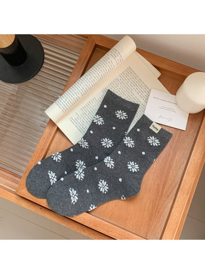 Rufia - Mid-Calf Winter Socks with Snowflake & Dots Patterns