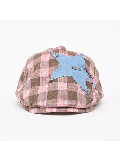 Haila - Vintage Plaid Patchwork Short Brim Beret