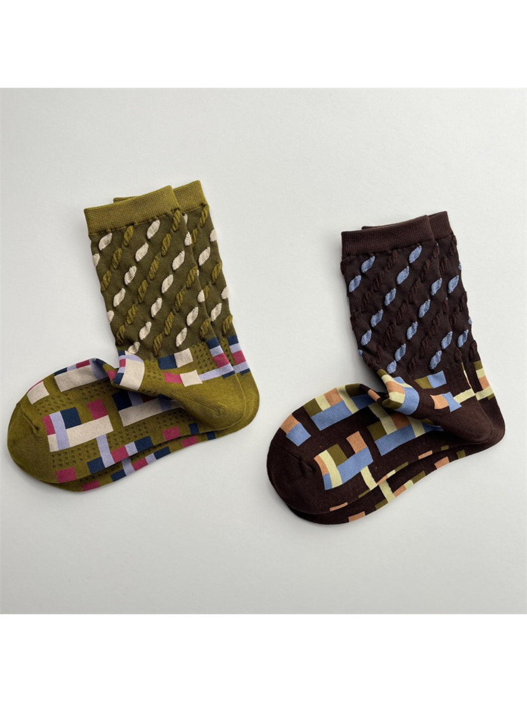 Rufia - Color Block Mid-Calf Socks – Check & Dots