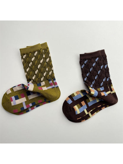 Rufia - Color Block Mid-Calf Socks – Check & Dots