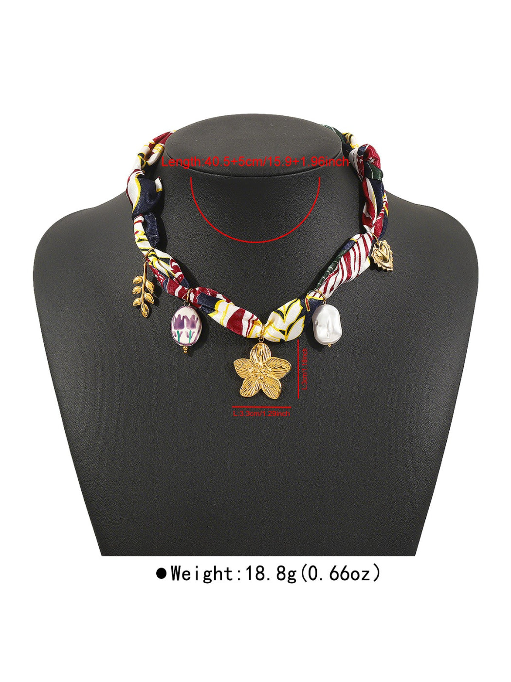 Side view of Neckit Botanical Charm fabric necklace highlighting fabric texture and charms
