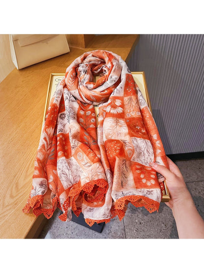 Scarvii - Summer Orange Floral Lace Wrap Scarf