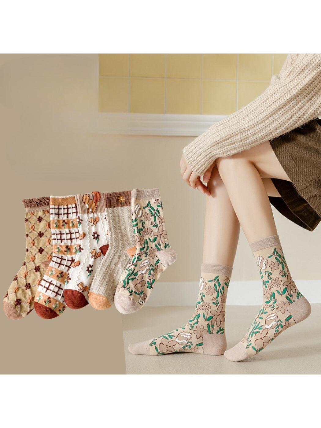 Close-up of Rufia Woodland Bloom socks showing detailed floral design and texture