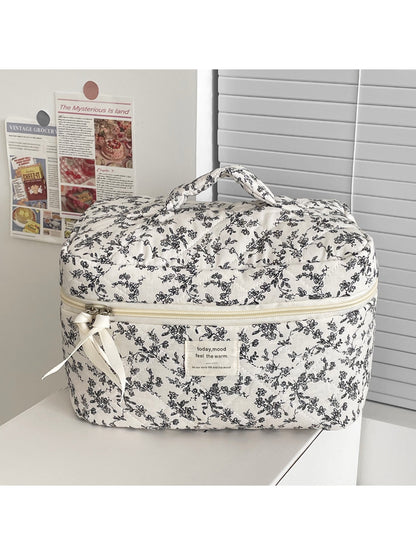 Cosbai vintage floral quilted makeup train case closed with handle on top