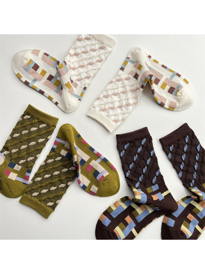 Rufia - Color Block Mid-Calf Socks – Check & Dots
