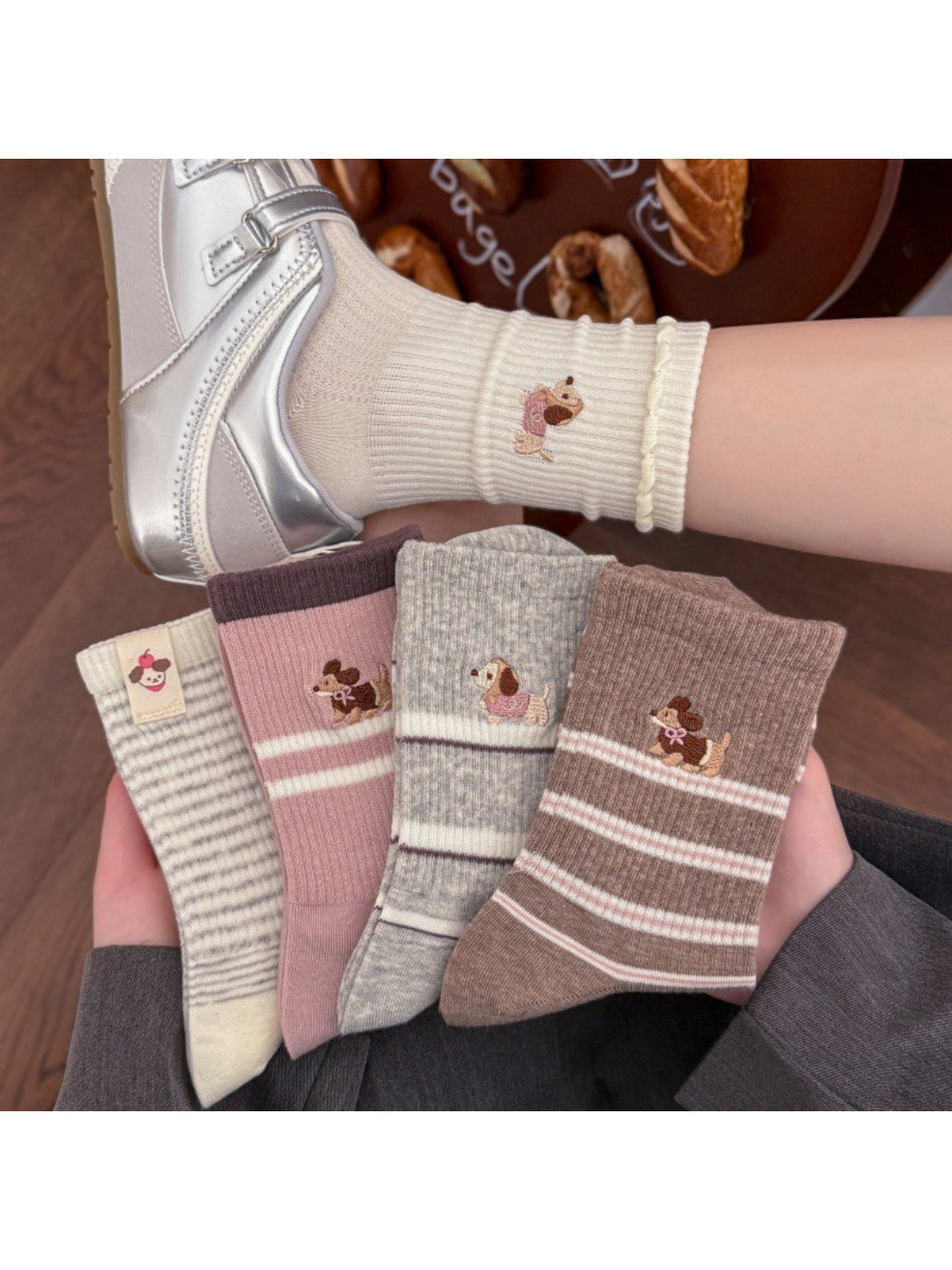 Rufia dog embroidered stripe crew socks folded showing dog embroidery and stripes