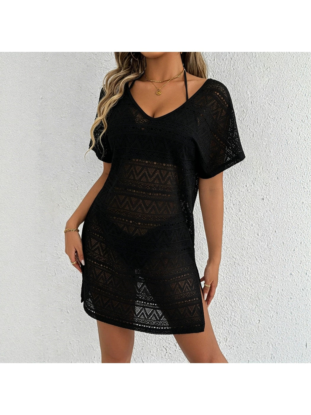 Crosa - Deep V Neck Side Slit Cover Up Dress