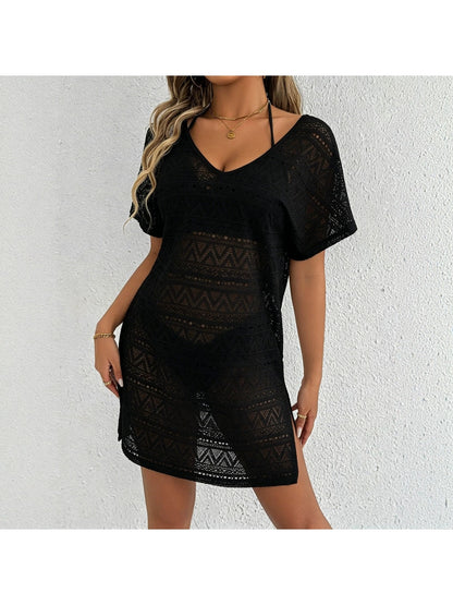 Crosa - Deep V Neck Side Slit Cover Up Dress