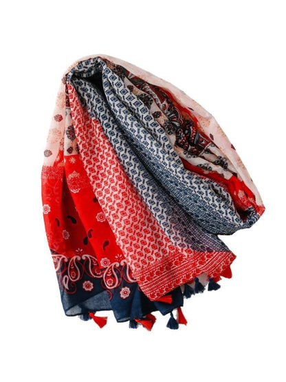 Scarvii red wrap scarf laid flat displaying symmetrical boho border print
