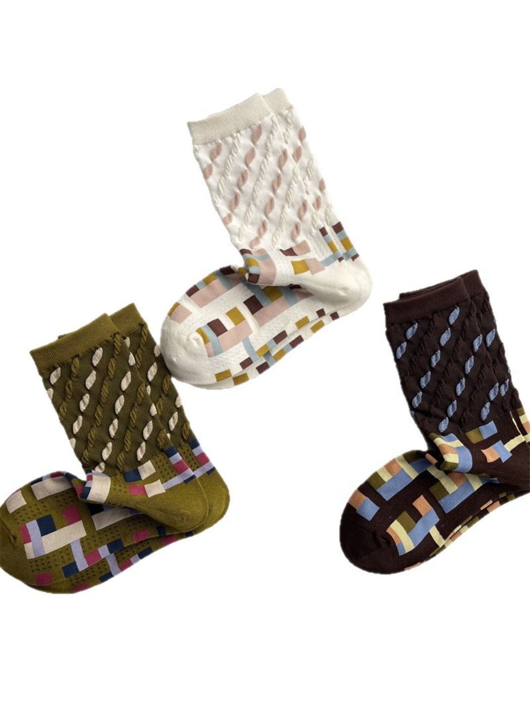 Rufia - Color Block Mid-Calf Socks – Check & Dots