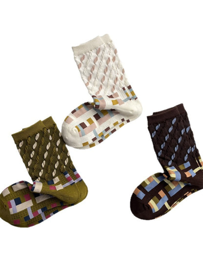 Rufia - Color Block Mid-Calf Socks – Check & Dots