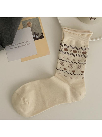 Rufia - Brown Cute Bear Pattern Crew Socks