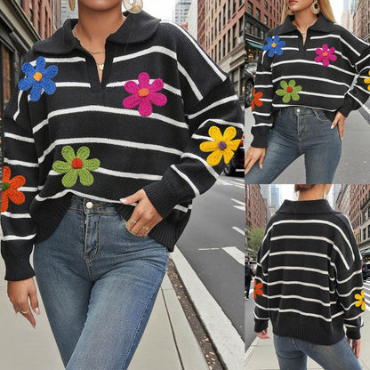 Crosa Colorblock Flower Polo Sweater showing color block detail and floral motif