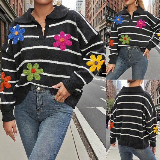 Crosa Colorblock Flower Polo Sweater showing color block detail and floral motif