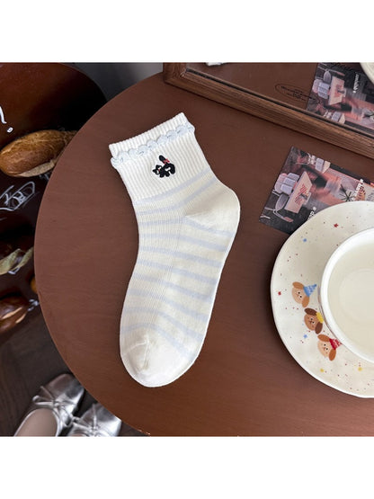 Top view of Rufia lace ruffle ankle socks focusing on lace ruffle edge