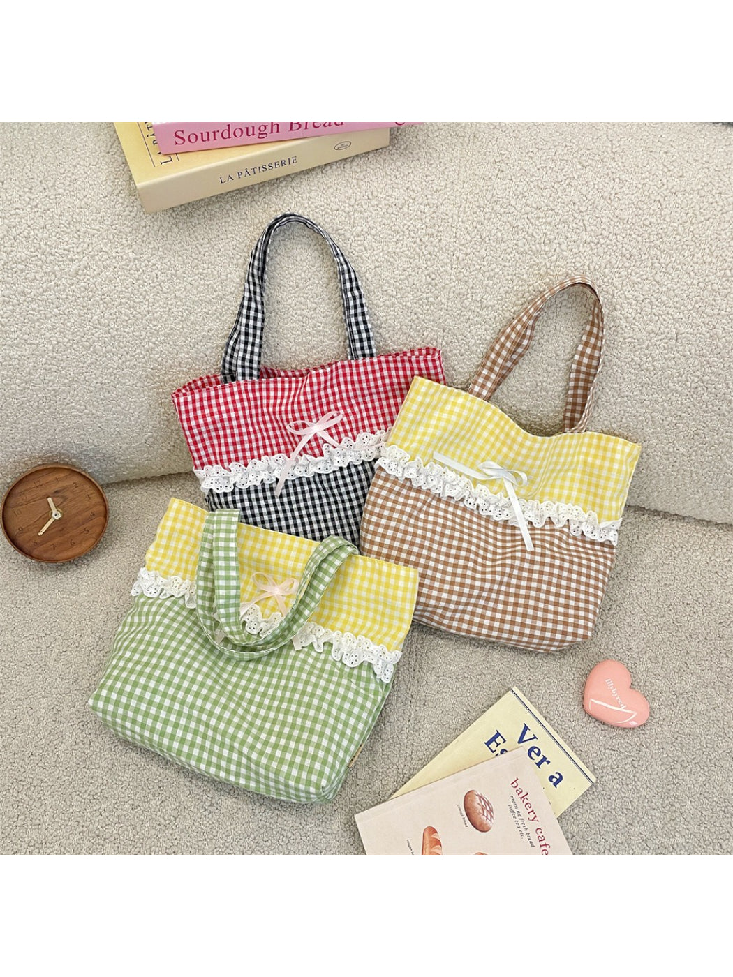 Cosbai - Lace Trim Gingham Tote Bag