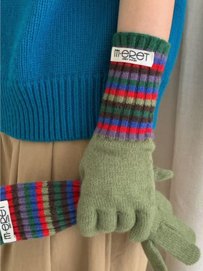 Gloving - Full-Cover Knitted Gloves with Rainbow Color-Block Stripe