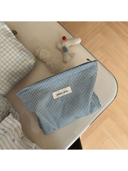 Cosbai - Blue Tones Plaid and Floral Makeup Bag