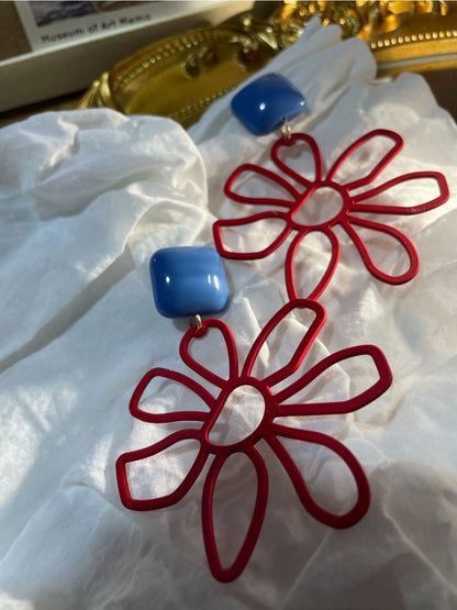 Earwish - Vintage Red Blue Floral Earrings