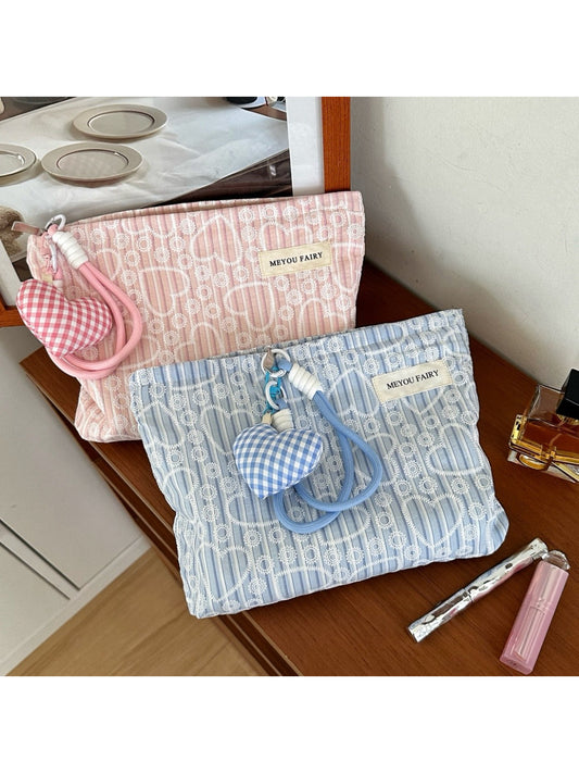 Cosbai cosmetic pouch with pink heart print and on white background