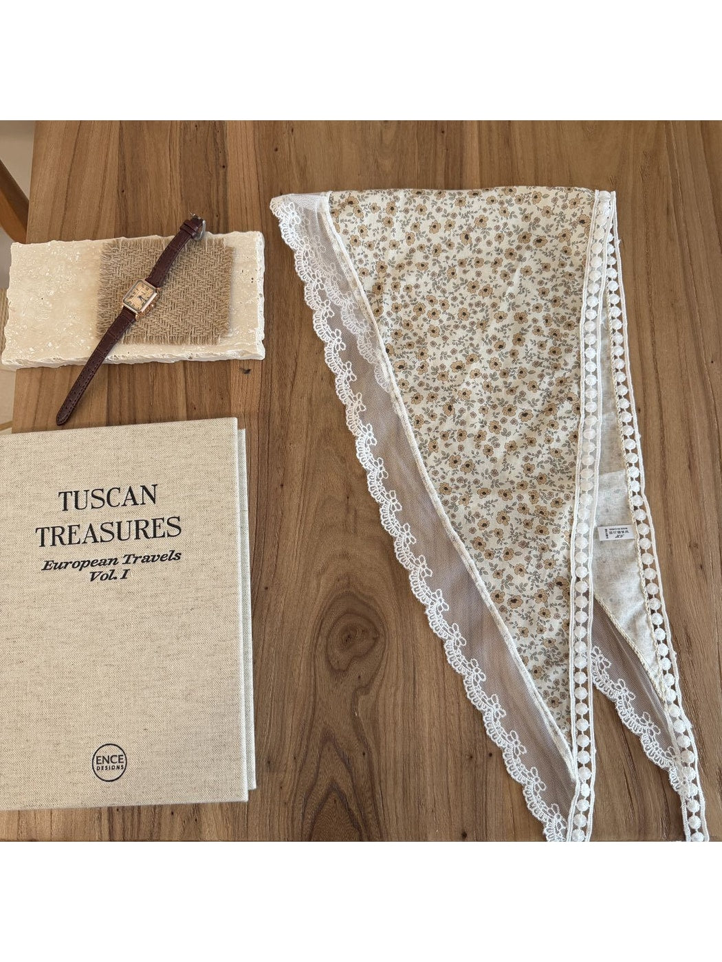 Scarvii - Floral Lace Trim Printed Triangle Bandana Scarf