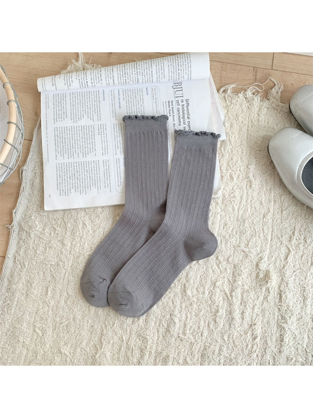 Rufia soft frill trim crew socks styled with casual outfit on model's feet