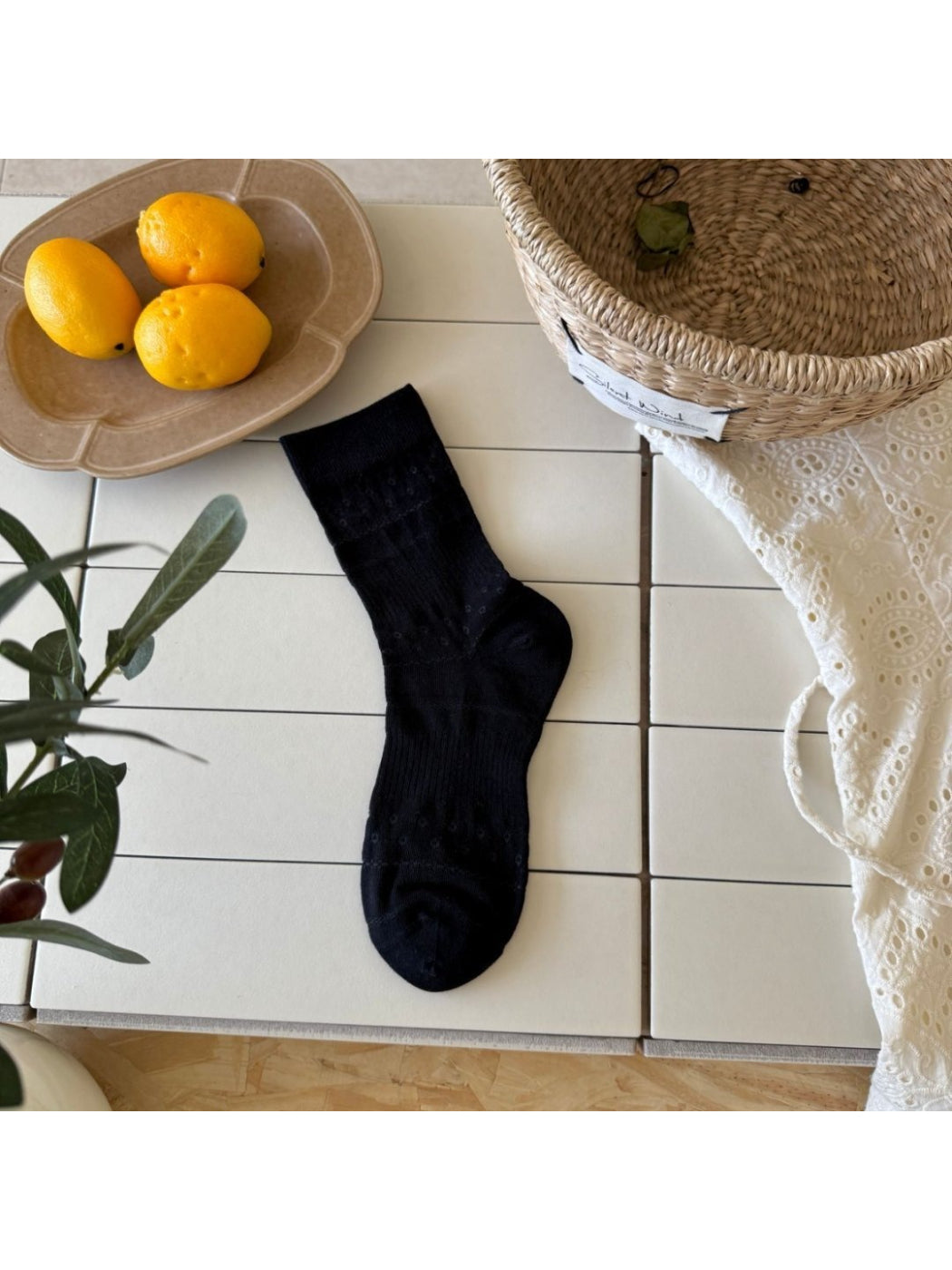 Rufia Dot Floral mid-calf socks displayed with focus on floral dot details