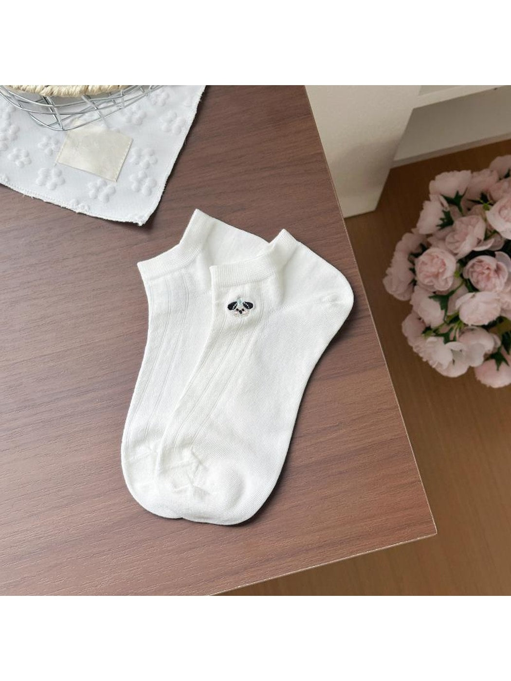 Rufia - Cartoon Dog Embroidered Striped Ankle Socks