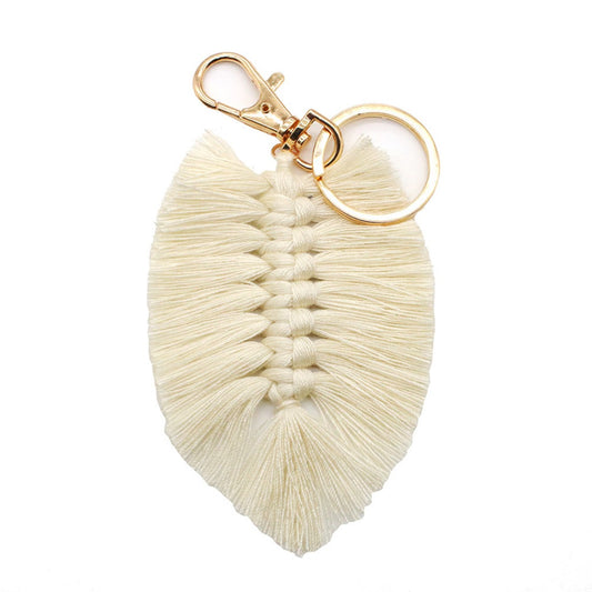 Koco Handwoven Leaf Tassel Keychain showing tassel detail