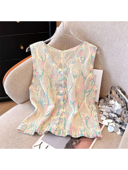 Crosa - Sweet Color Hollow Out V-Neck Button Front Vest