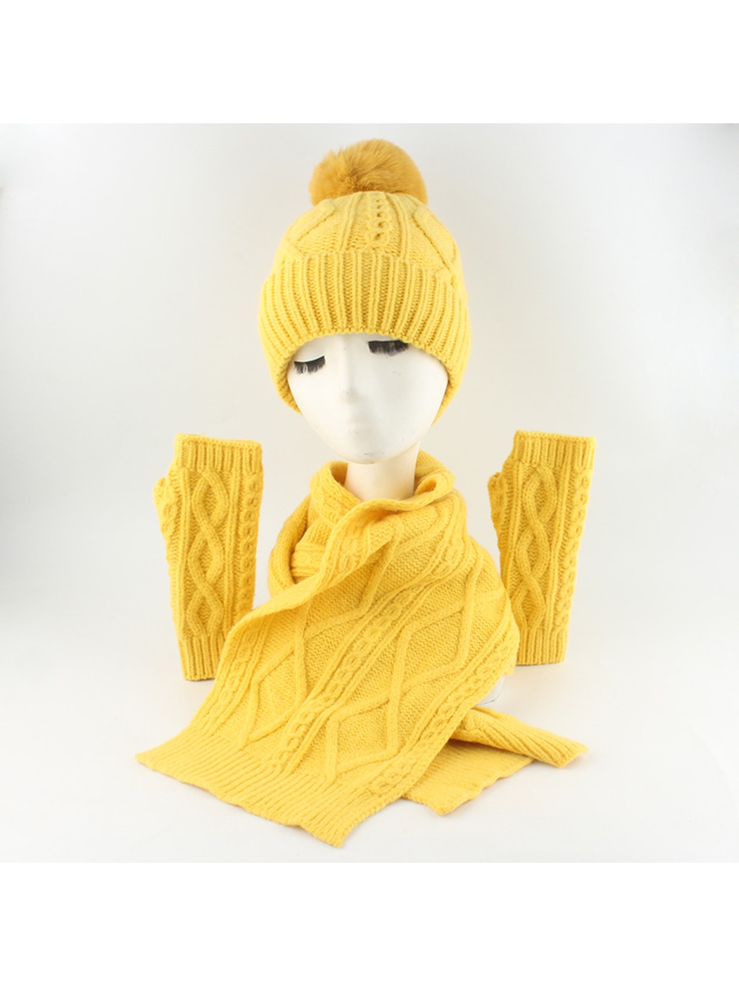 Haila - Retro Cable Knit Beanie Scarf Gloves Set