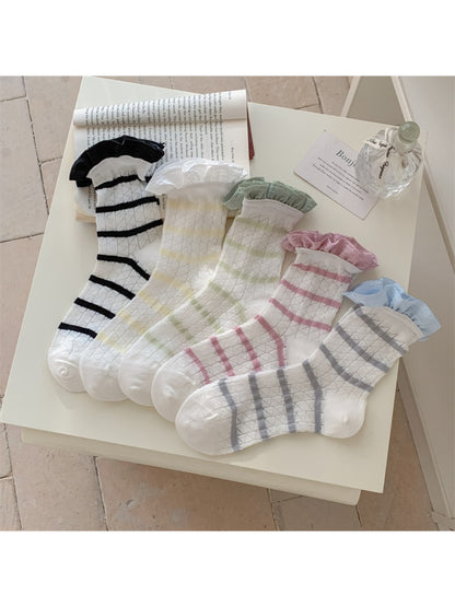 Rufia summer crew socks displayed flat highlighting stripe pattern and frill cuff