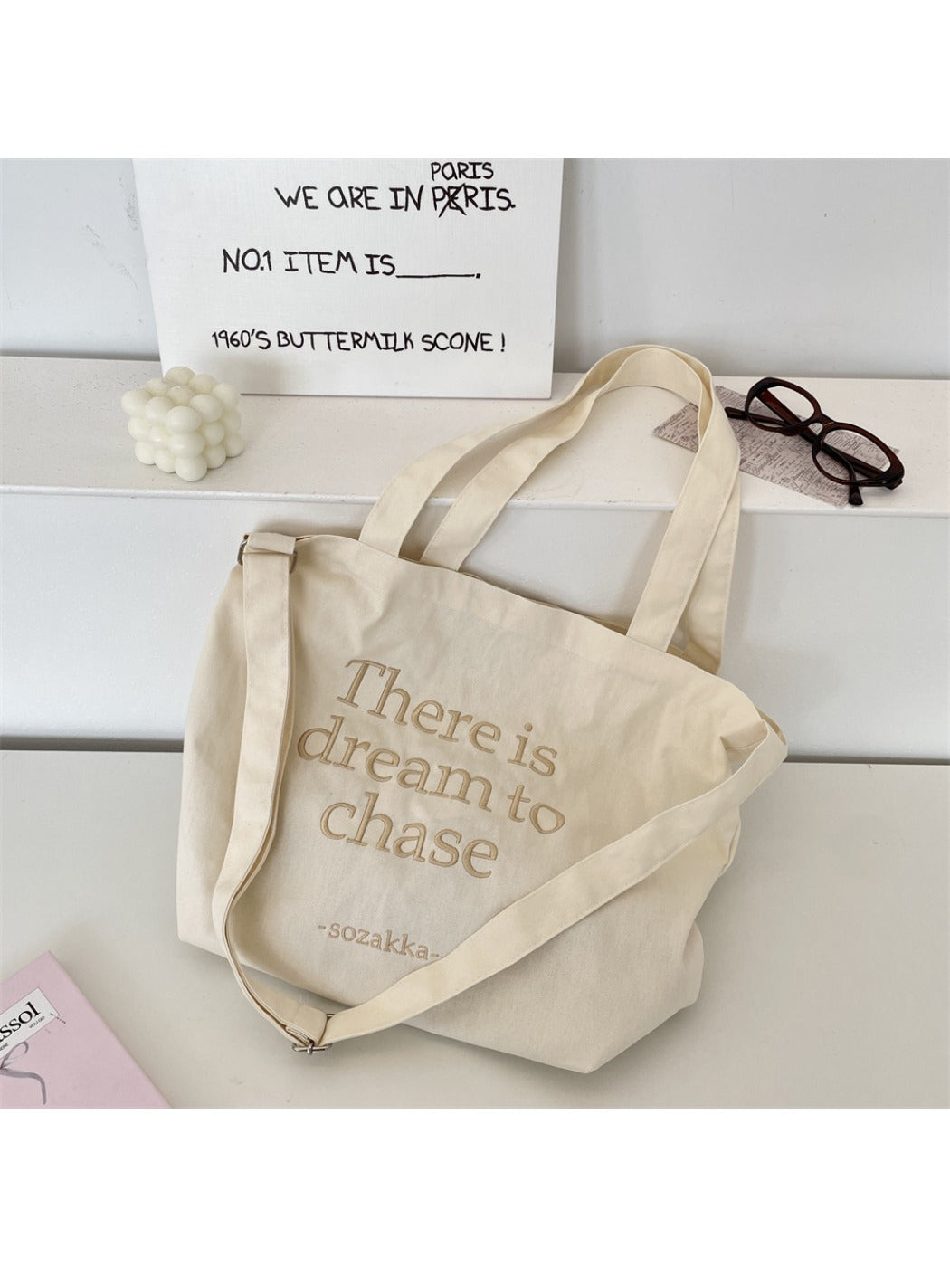Cosbai - Korean Letter Canvas Tote Bag for Women