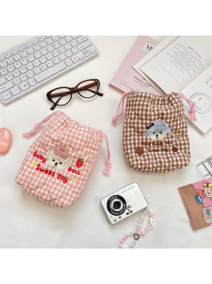 Cosbai - Gingham Bear Drawstring Pouch