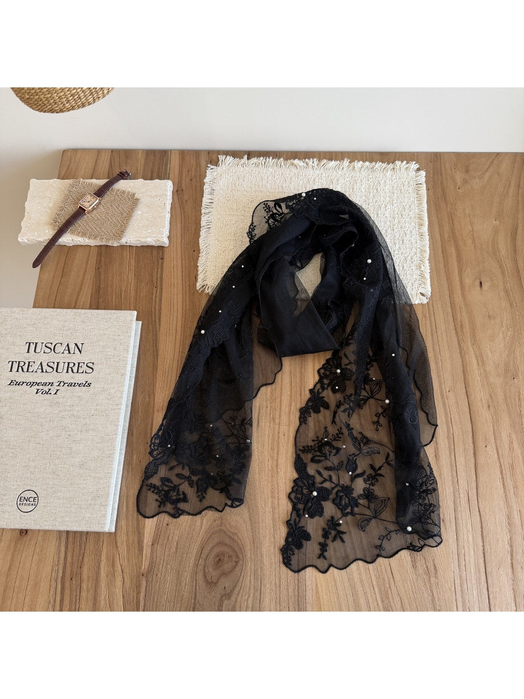 Scarvii - Rose Embroidered Lace Edge Long Scarf