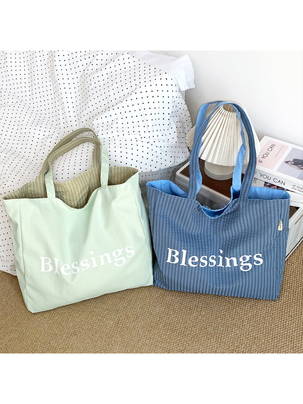 Close-up of blessings graphic print on Cosbai reversible tote bag