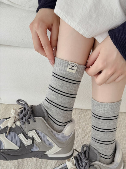 Rufia - Striped Puppy Mid-calf Socks - Cute & Stylish