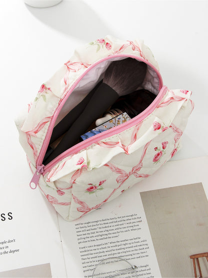 Cosbai - Floral Quilted Makeup Bag with Lace Trim detail view 5