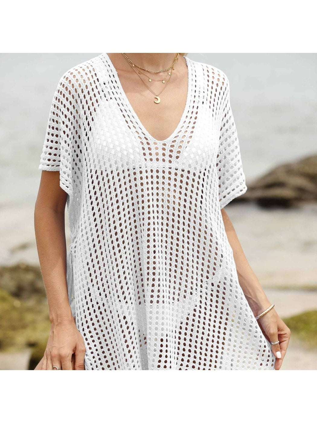 Crosa - Hollow-Out Solid Color Loose Beach Cover Up Dress