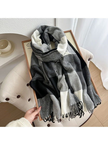 Scarvii - Colorblock Plaid Fringed Winter Scarf