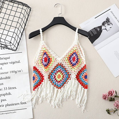 Crosa Bohemian Fringe Tassel Open-Knit Tank Top accessory detail view