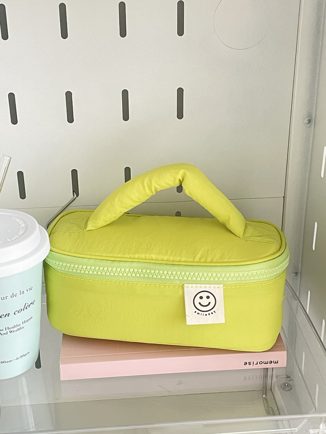 Cosbai Smiley Patch Cosmetic Bag standing upright with zipper visible