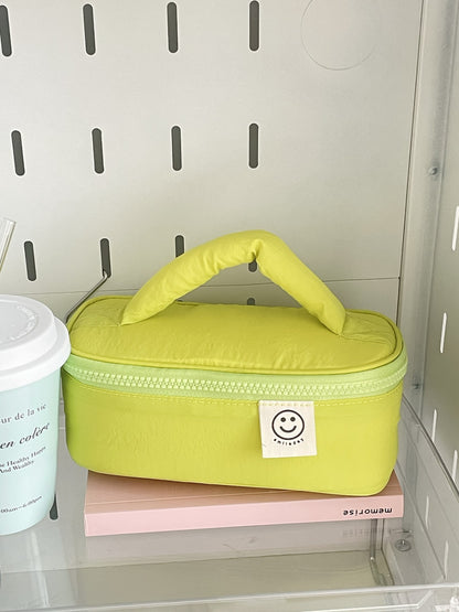 Cosbai Smiley Patch Cosmetic Bag standing upright with zipper visible
