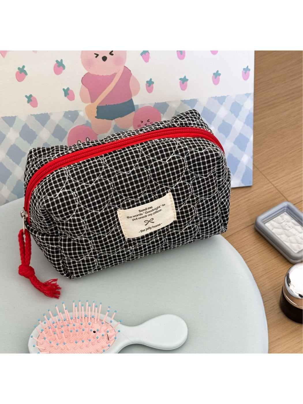 Cosbai soft quilted check toiletry bag in beige and brown tones, front view