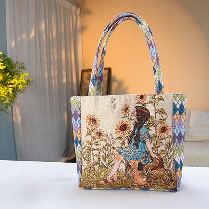 Cosbai - Diamond Pattern Lace Print Canvas Tote Bag