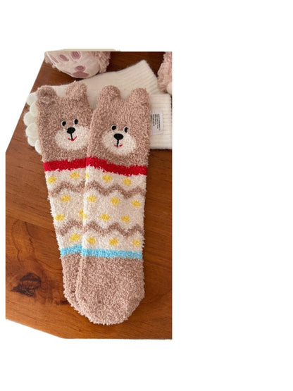 Rufia - Bear Face Zigzag Fuzzy Crew Socks