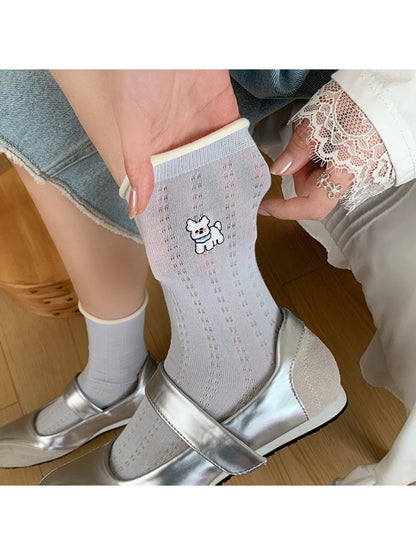 Rufia soft roll cuff socks folded to display the character pattern and cuff style